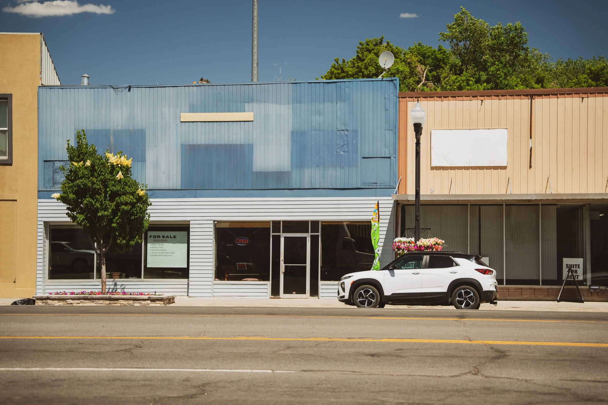 Storefronts along a quiet street